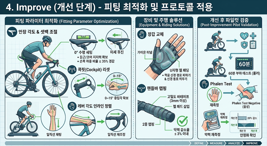 자전거 피팅 최적화와 U자형 패딩 장갑 적용으로 손목 압박을 줄이고 검증한 DMAIC 개선 인포그래픽.