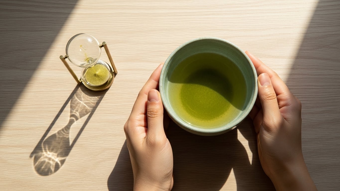 공복 시간 동안 차 한 잔과 함께 신체의 정화 과정을 기다리는 인내와 평온