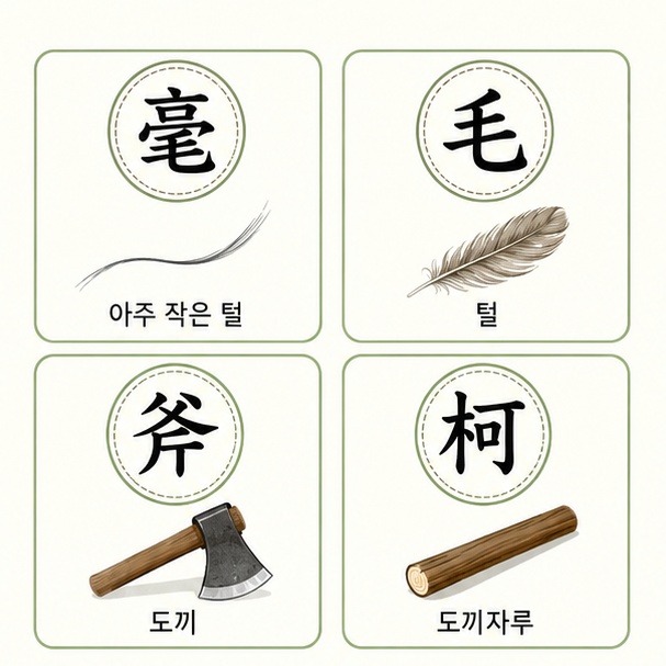 호모부가의 한자 毫毛斧柯를 가는 털과 털, 도끼, 도끼자루의 의미로 풀이한 이미지