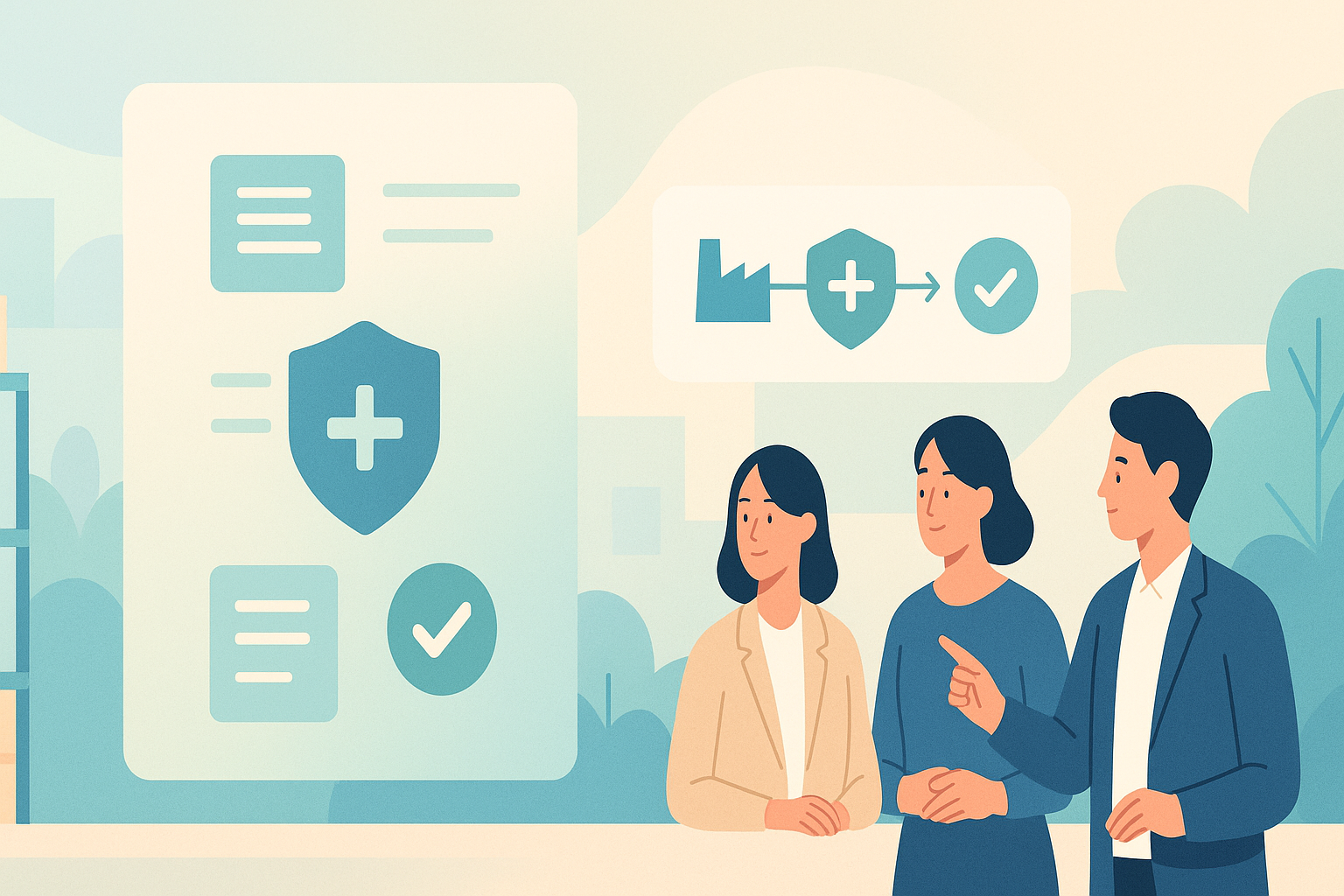 전량 수출용 화장품이라도 책임판매업 등록이 필요하다는 과정을 상징적으로 표현한 일러스트로, 규제 문서와 안전 아이콘, 공장·안전·검증 흐름도를 바라보며 협의하는 전문가들의 모습이 담긴 21:9 파노라마형 배너 이미지