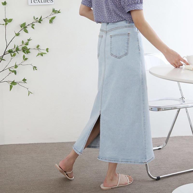 빅사이즈 밴딩 여름 연청 롱청치마 청치마코디