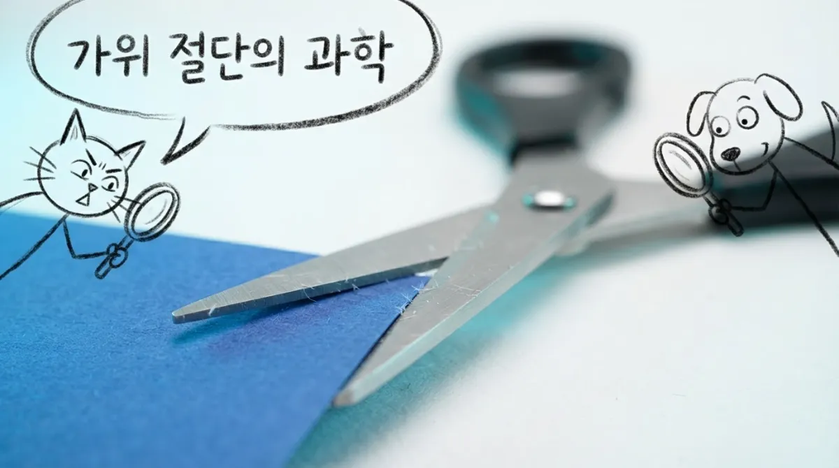 정밀하게 날카로워진 가위 날이 파란 종이를 한 점에 집중해 자르는 순간을 클로즈업한 혼합 미디어 썸네일 일러스트