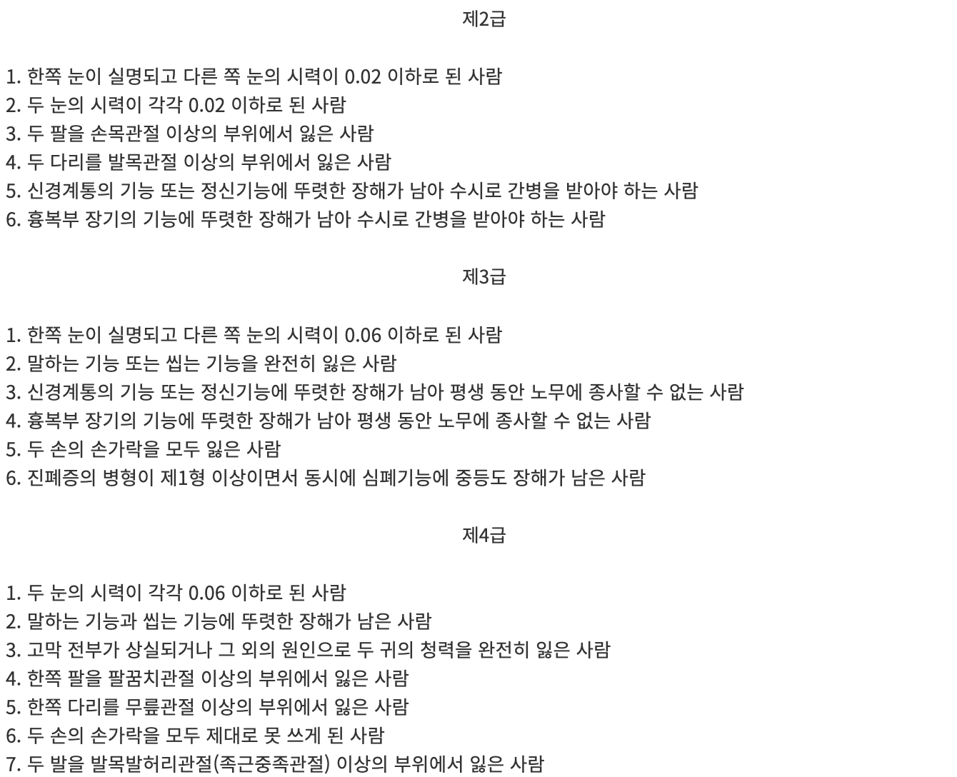 장해등급 분류표