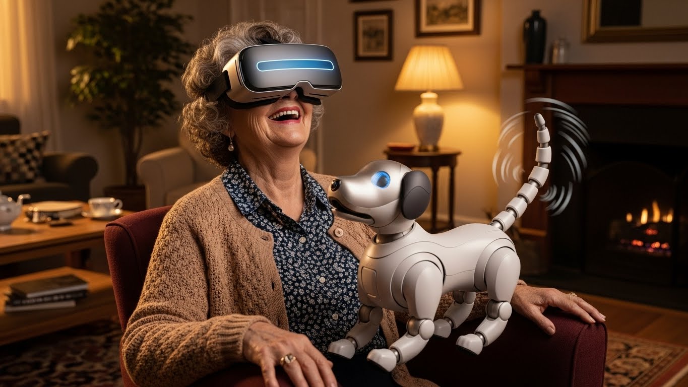 A grandmother wearing high-tech VR goggles laughing in a cozy living room, with a cute robot dog wagging its tail next to her.