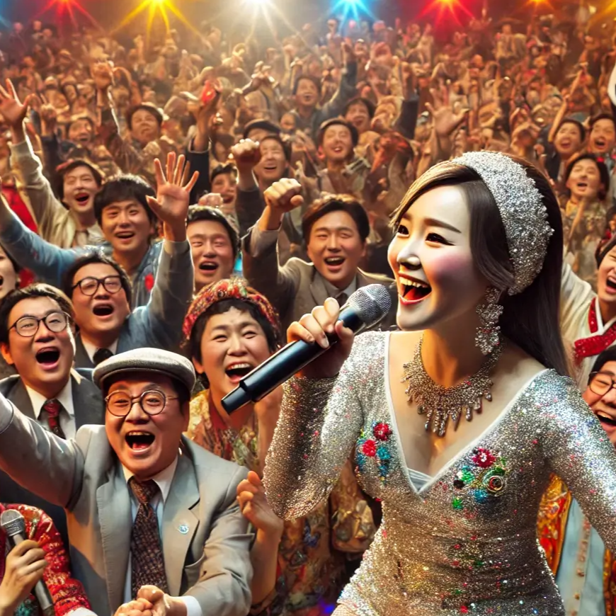 트로트 노래를 따라 부르는 모습