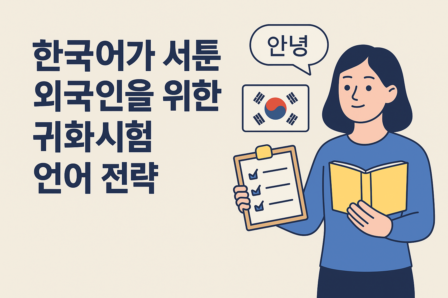 한국 귀화시험 준비를 나타내는 일러스트 이미지입니다.
오른쪽에는 파란색 상의를 입은 여성이 노란색 책과 체크리스트가 있는 클립보드를 들고 있으며, 위쪽에는 말풍선 속에 “안녕”이라는 한국어 인사말과 태극기 이미지가 있습니다.