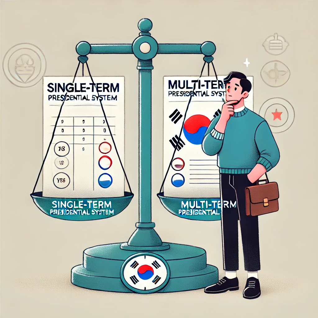 저울에 중임제와 단임제를 올려 비교하는 시민