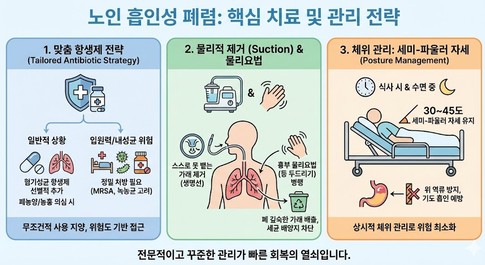 노인 흡입성 폐렴 치료 및 관리 전략. 맞춤 항생제 전략, 가래 제거를 위한 석션 및 흉부 물리요법, 위 역류 방지를 위한 30~45도 세미-파울러 자세 유지법