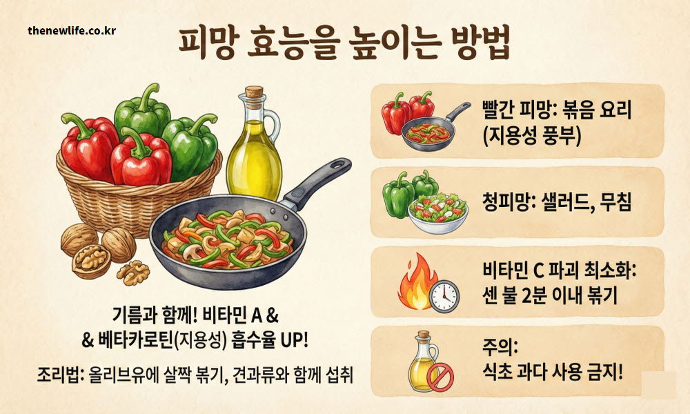 피망 효능을 높이는 방법으로 조리법과 섭취 방법을 설명하는 이미지