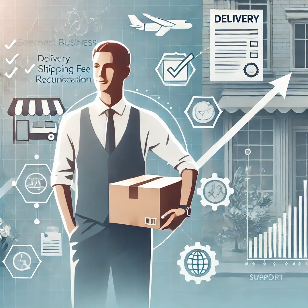 소상공인이 직접 배달 상품을 들고 가게 앞에 서 있는 모습. 배경에는 정부 지원과 관련된 서류, 체크리스트, 성장 그래프 아이콘이 포함되어 있어 배달·택배비 지원 사업의 핵심을 시각적으로 표현