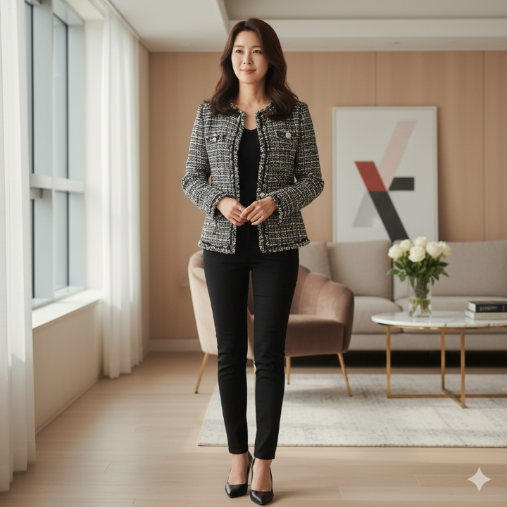 블랙 앤 화이트 트위드 재킷을 입고 세련된 분위기를 연출하는 40대 여성의 전신