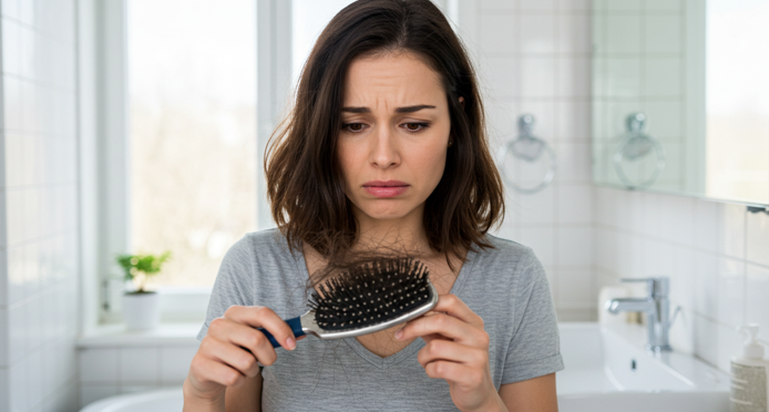 탈모가 시작된 여성의 모습과 빠진 머리카락 일러스트