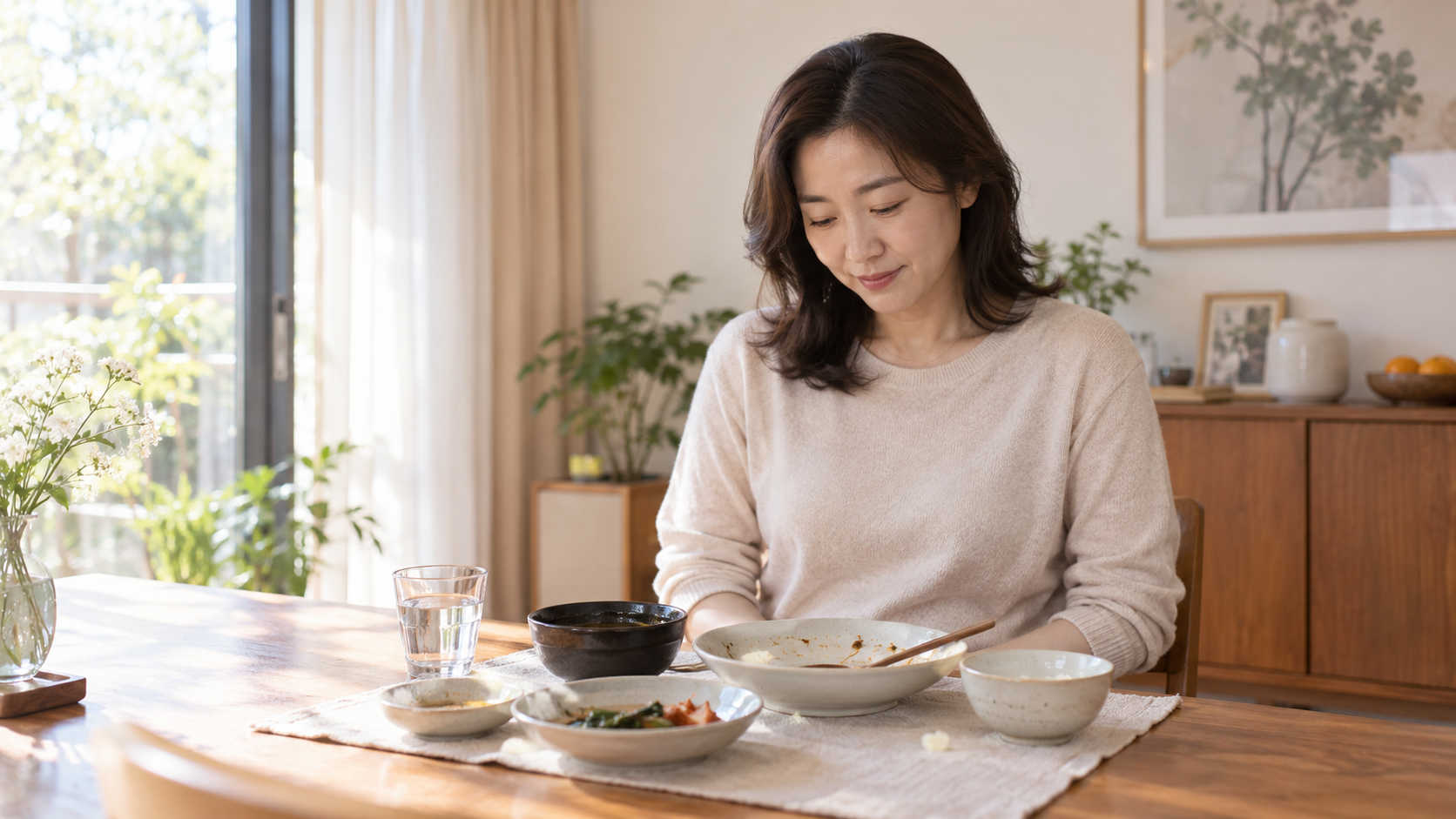 식사를 마친 뒤 일상에서 배의 소리를 느끼는 모습