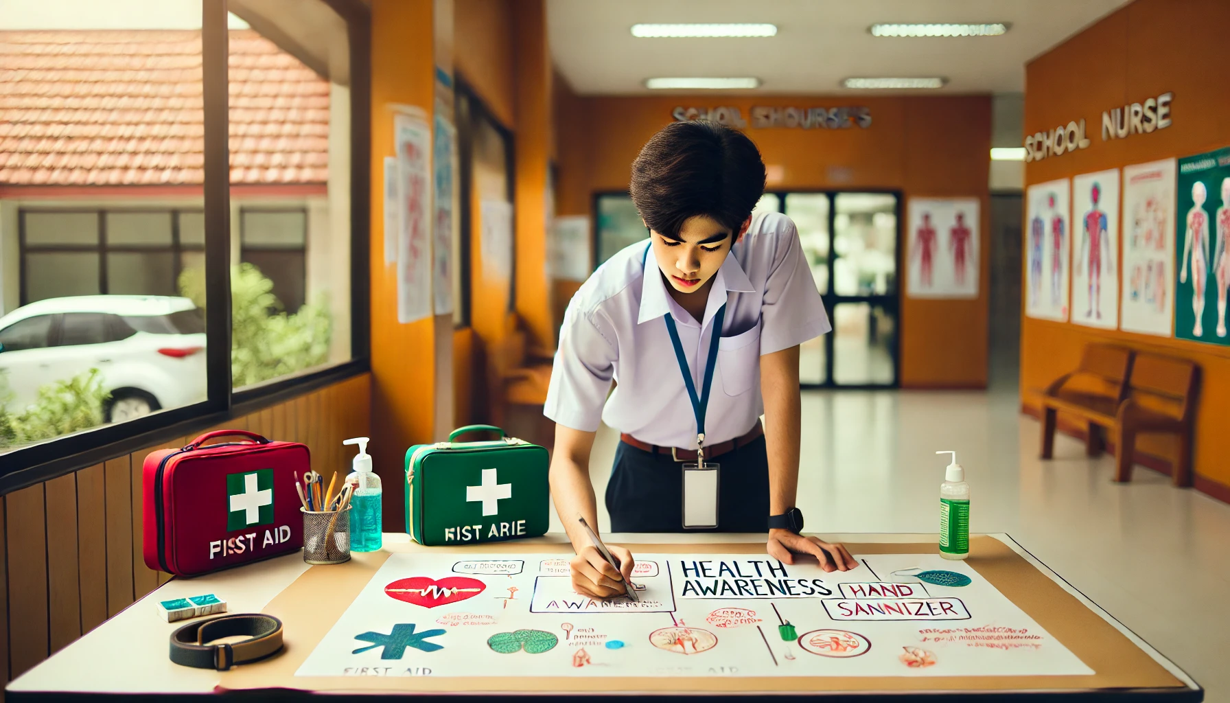 학교 보건실에서 건강 캠페인 포스터를 제작 중인 고등학생의 모습