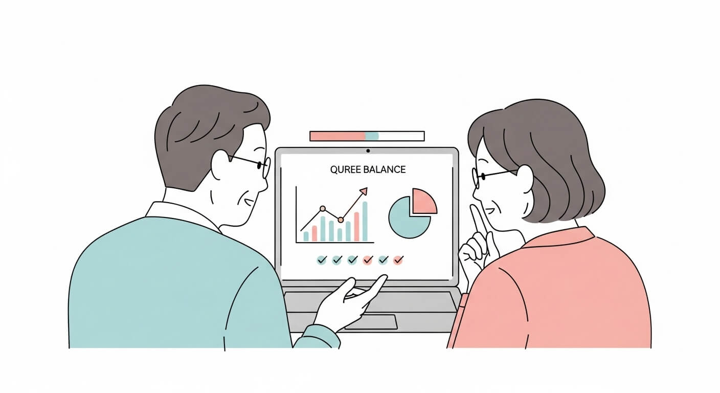 노부부가 노트북으로 연금 기준표를 확인하고, 수급 여부를 살펴보는 장면 2