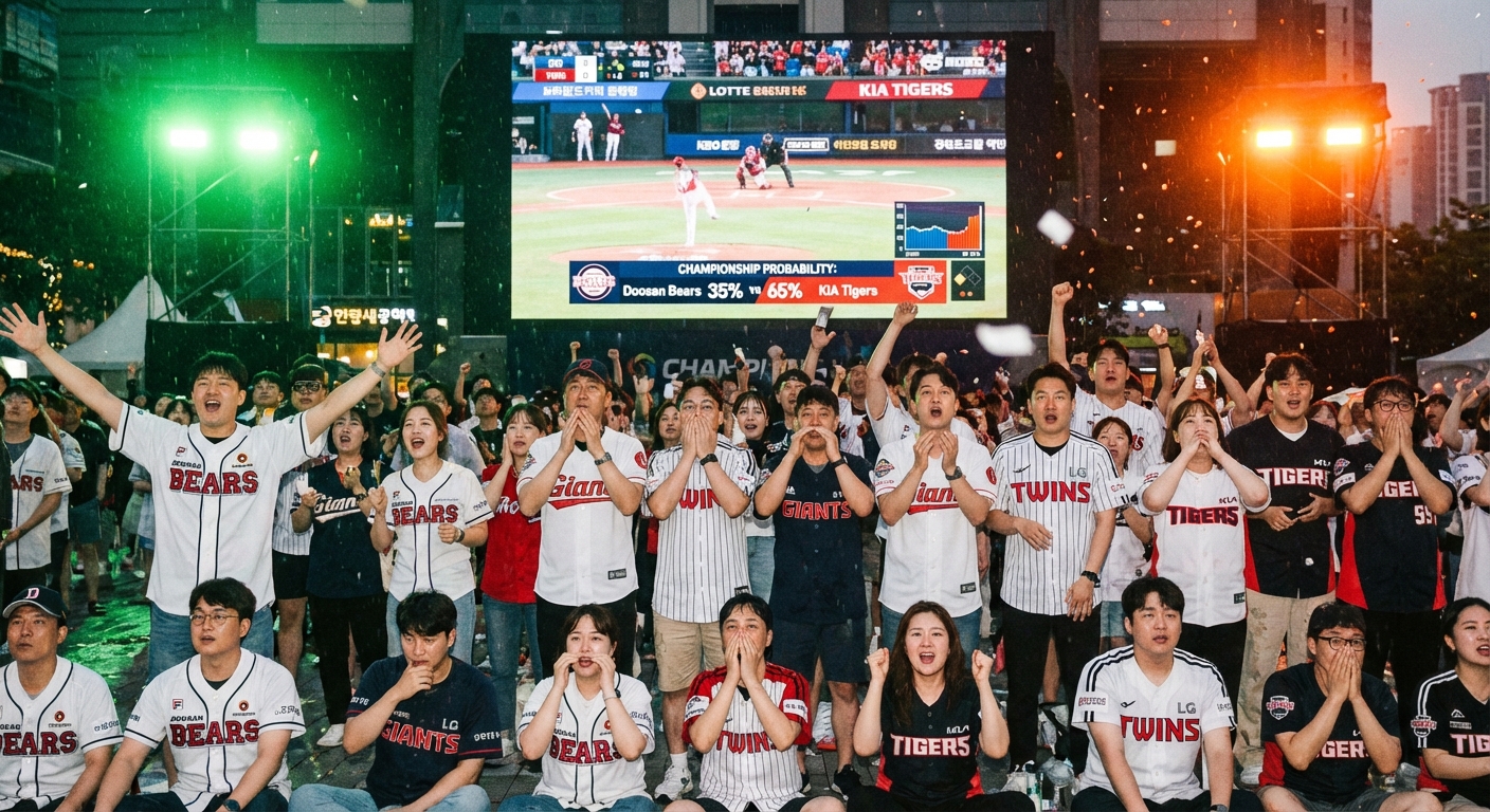 AI가 예측한 KBO 우승 확률을 보며 경기를 응원하는 열정적인 야구팬들.