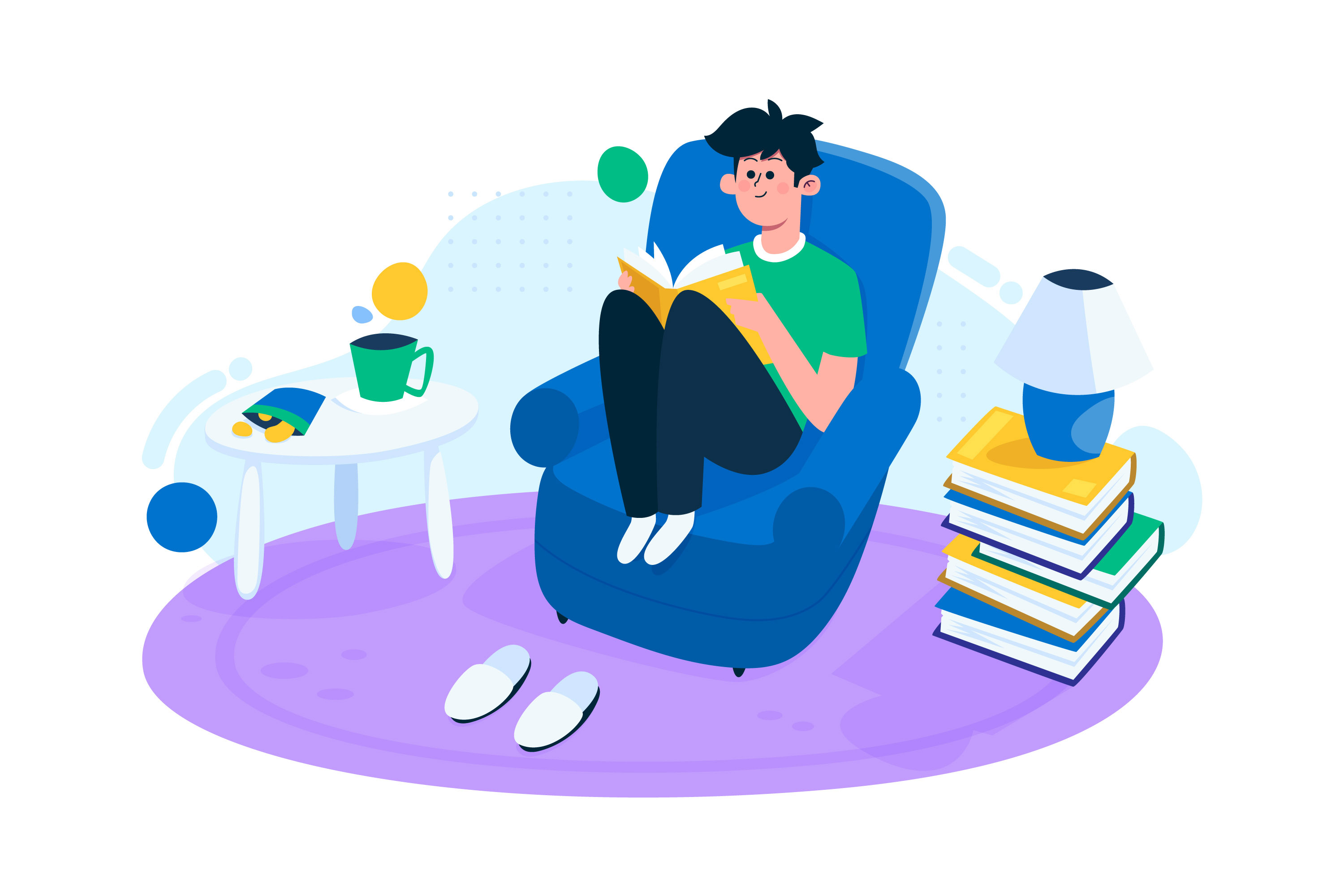 아늑한 독서 공간에서 책을 읽는 남성을 묘사한 일러스트입니다. 남성은 푸른색 안락의자에 편안하게 앉아 노란 표지의 책을 읽고 있습니다. 녹색 티셔츠와 검은 바지를 입은 남성 주변으로는 책 더미가 쌓여있고, 옆 테이블에는 음료가 담긴 컵이 놓여 있습니다. 보라색 바닥과 밝은 배경이 조화를 이루며 평화로운 독서 환경을 나타내고 있습니다.