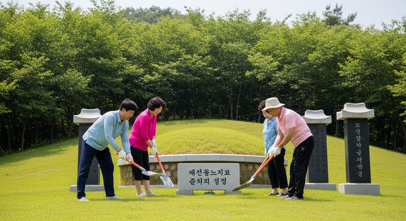 가족이 함께 봉분 묘소 주변을 청소하며 벌초하는 모습