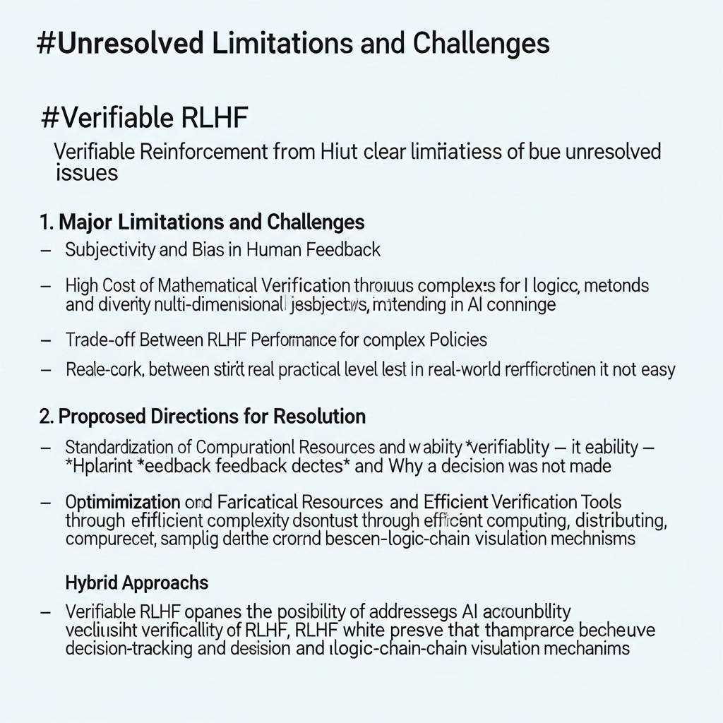 Verifiable RLHF(검증 가능 인간 피드백 강화학습)는 

AI의 신뢰성과 투명성을 높이기 위한 핵심적 접근이지만, 

실제로는 다음과 같은 뚜렷한 한계와 해결해야 할 과제