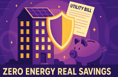 "A poster for Zero Energy Apartments, illustrating how they save on utility bills with a shield and piggy bank, in a purple and yellow theme."