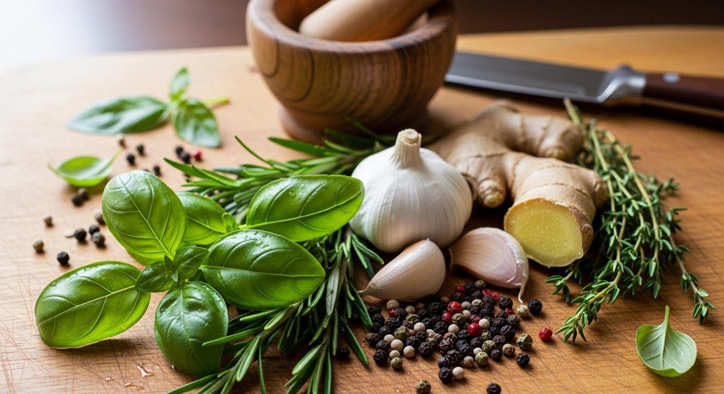 신선한 바질, 로즈마리, 마늘, 생강 등 다양한 허브와 향신료가 놓인 나무 도마