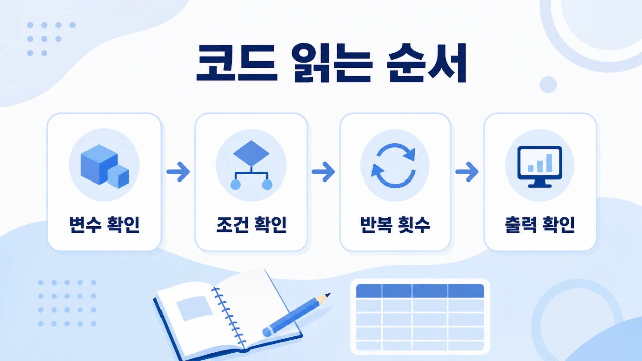 정보처리기사 프로그래밍 문제를 변수 조건 반복 출력 순서로 읽는 방법을 설명한 이미지