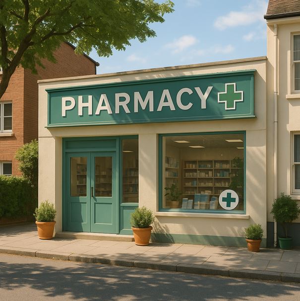 평화로운 길거리의 약국