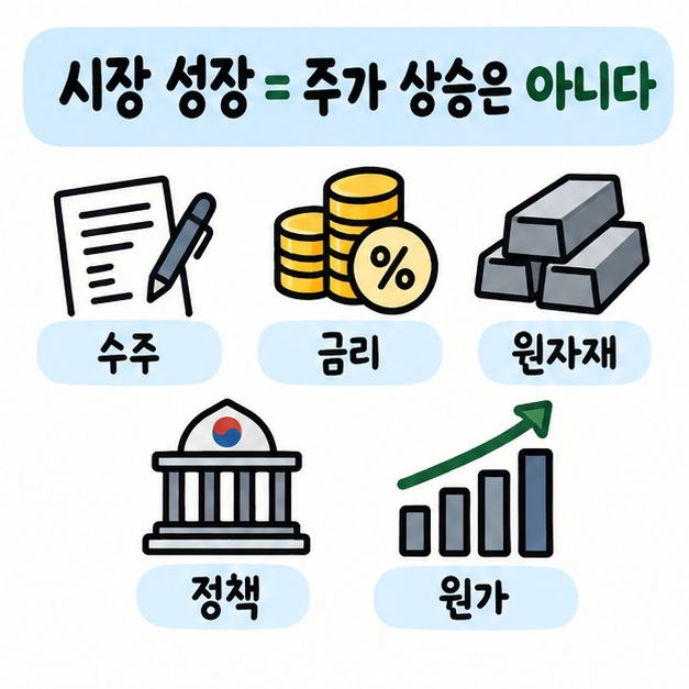 친환경 에너지 시장 성장과 주가 사이에 수주, 금리, 원자재, 정책, 원가가 작용하는 모습을 보여주는 카드