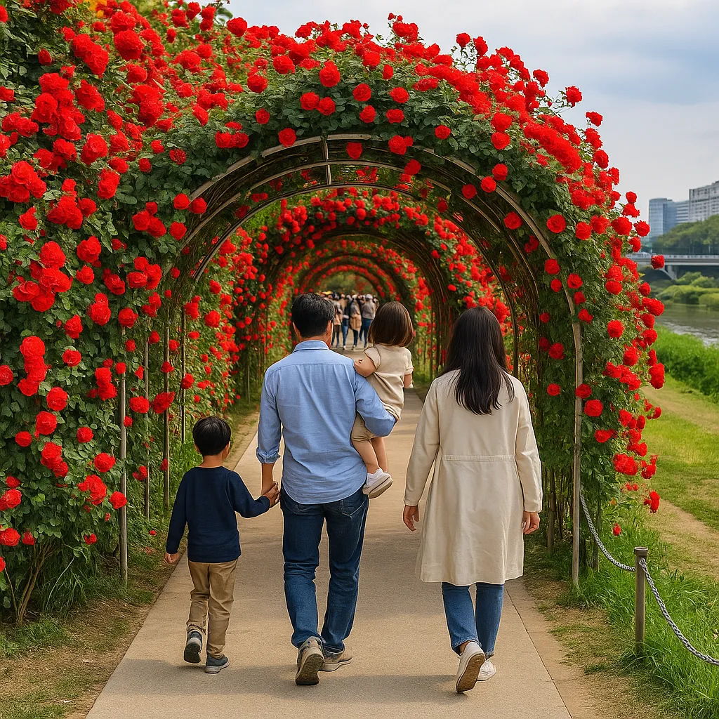 중랑천 장미터널을 따라 붉은 장미가 만개한 길을 가족이 걷는 모습