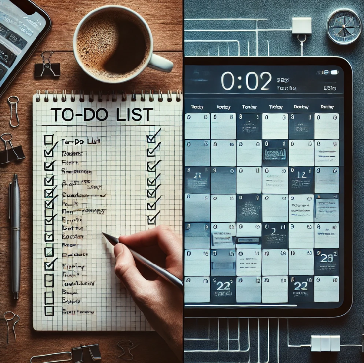 왼쪽에는 손글씨로 작성된 할 일 목록 노트, 오른쪽에는 디지털 캘린더 화면이 나란히 비교된 이미지 – 일정 관리 방법 비교를 주제로 한 시각적 표현