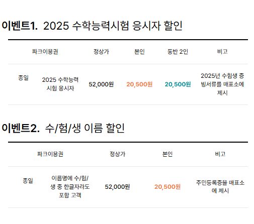 2025 수험생 수험표 놀이동산 할인 이벤트 혜택 총정리