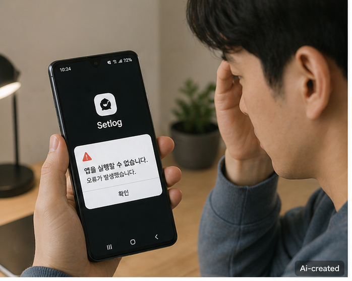 셋로그 앱 실행 중 오류가 발생해 정상 작동하지 않는 스마트폰 화면