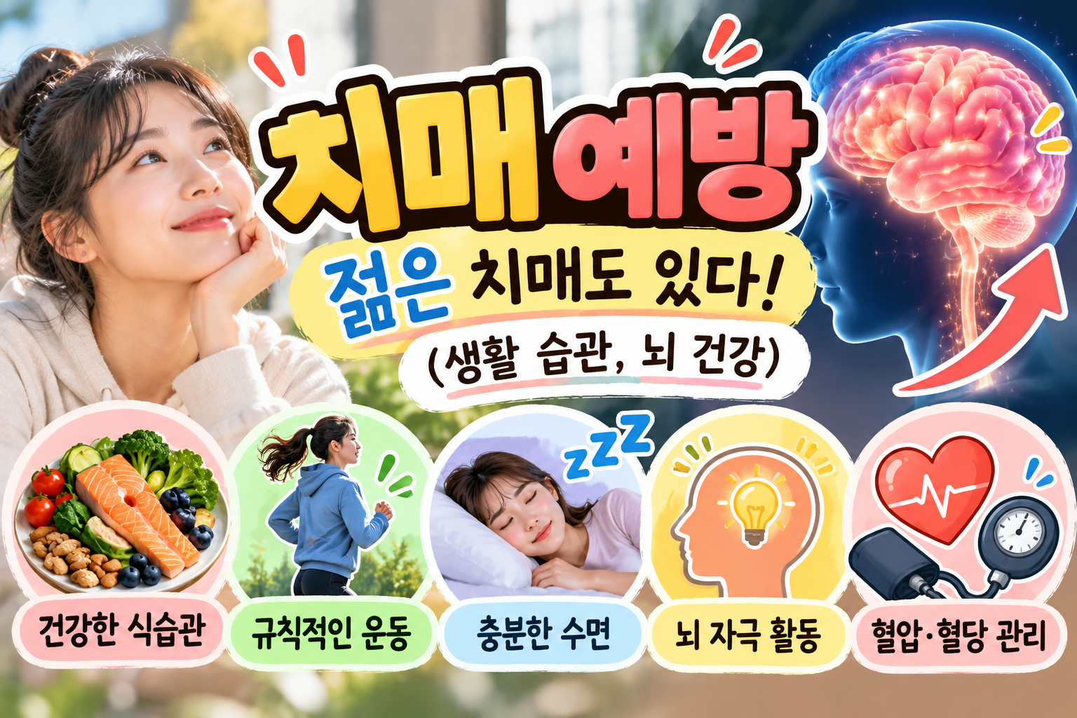 치매 예방을 주제로 젊은 치매와 생활 습관, 뇌 건강 관리의 중요성을 소개하는 건강정보 썸네일 이미지. 젊은 여성과 뇌 구조를 표현한 일러스트가 배치되어 있으며, 건강한 식습관, 규칙적인 운동, 충분한 수면, 뇌 자극 활동, 혈압 및 혈당 관리를 상징하는 다섯 가지 이미지가 함께 표현되어 있다. 젊은 나이부터 실천할 수 있는 치매 예방 생활 습관을 시각적으로 보여준다.
