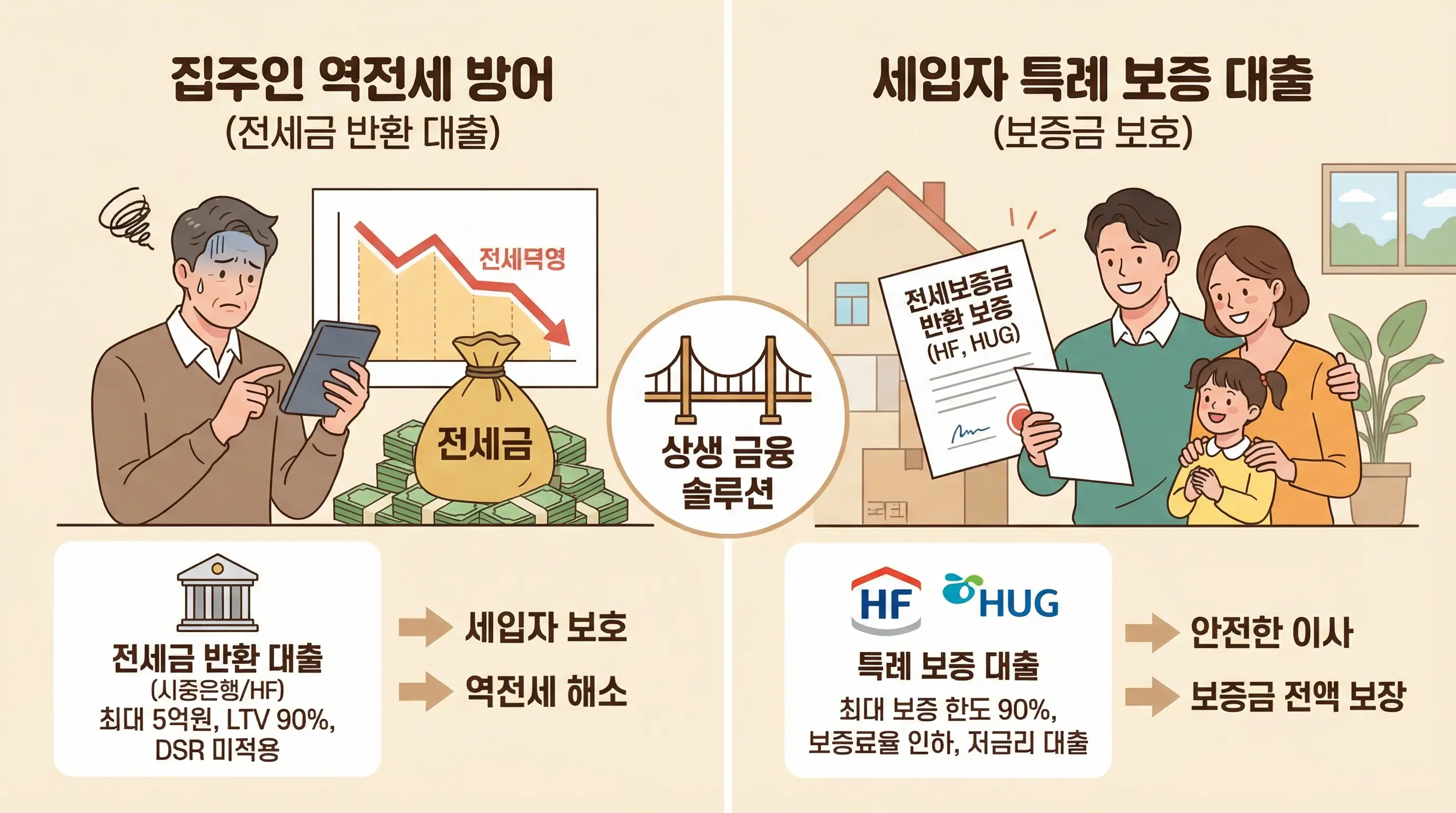집주인의 역전세 방어를 위한 전세금 반환 대출과 세입자의 특례 보증 대출 정보를 보여주는 이미지