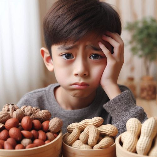 견과류 알레르기로 괴로워하는 남자아이