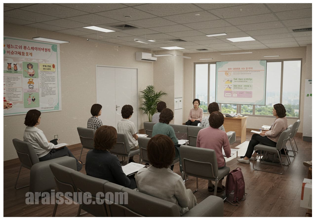 커뮤니티 센터에서 갱년기 여성 지원 프로그램에 참여하는 다양한 연령대의 한국 여성들. 현대적이고 깨끗한 공간에서 집중하며 프로그램에 참여하는 모습입니다.