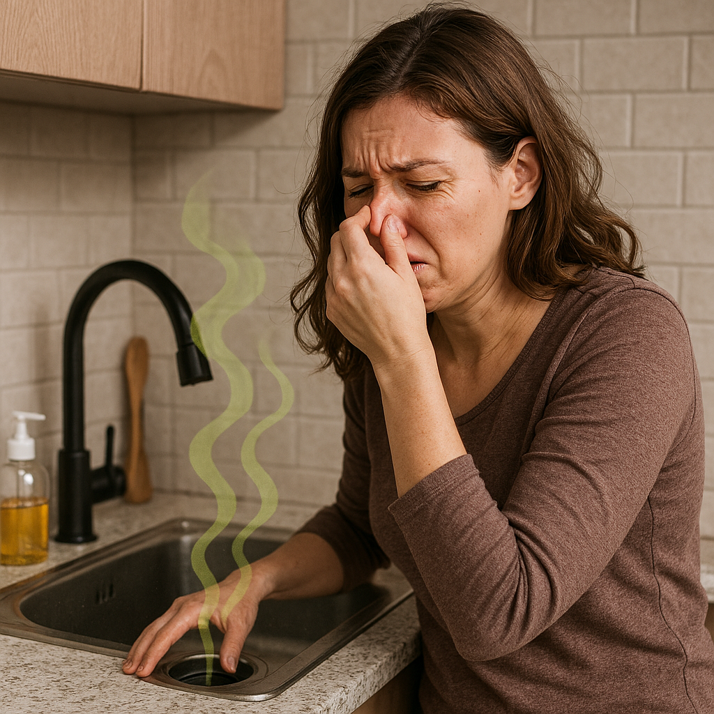 싱크대의 하수구 냄새로 힘들어하는 이미지