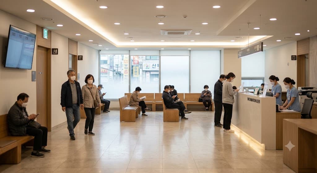 마스크를 쓴 사람들이 오가는 병원 대기실, 차분한 실내 조명, 사실적인 사진 스타일
