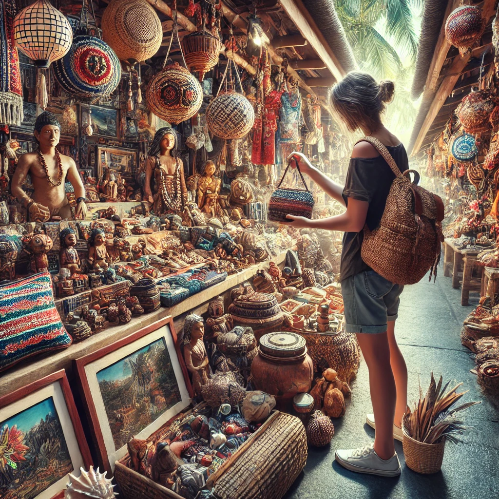 세부 전통 시장에서 독특한 기념품을 고르는 여행자의 모습, 이국적인 수공예품과 로컬 아이템이 진열된 모습