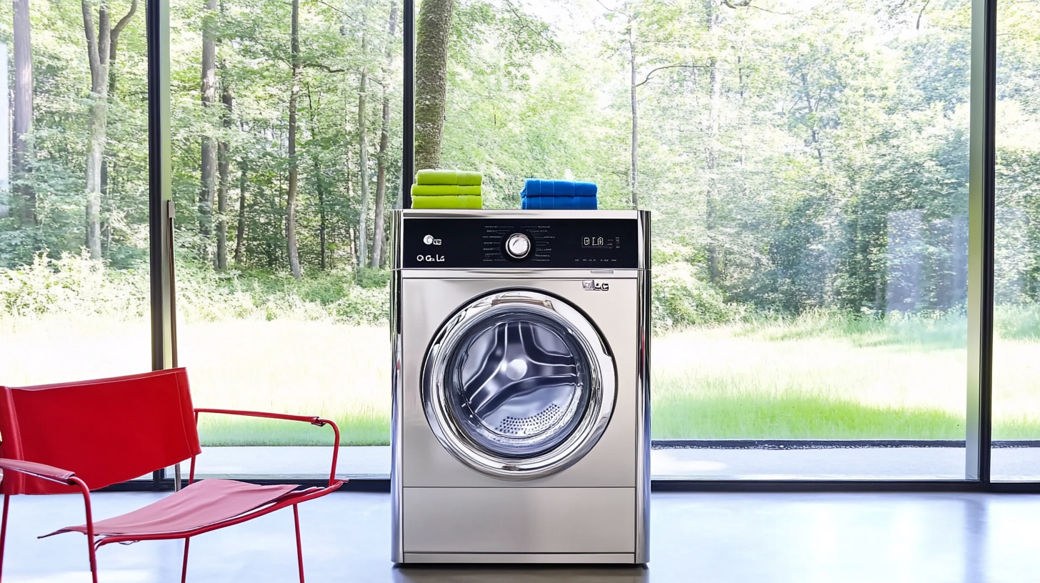 세련된 크롬 디테일과 모던한 LCD 인터페이스를 가진 미래지향적 LG 오브제컬렉션 세탁기 모델이 세련된 미니멀리즘 세탁실에 설치된 모습