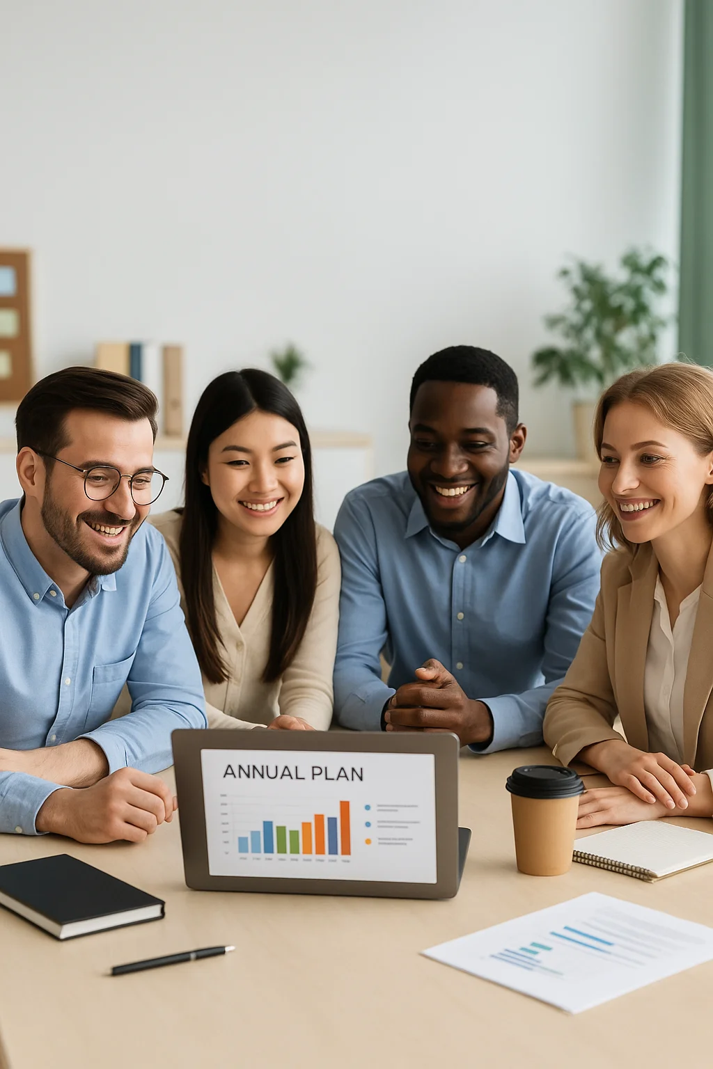 스타트업 소개 이미지,스타트업 팀이 회의 중 노트북 화면을 보며 연간 계획 발표, 밝은 톤