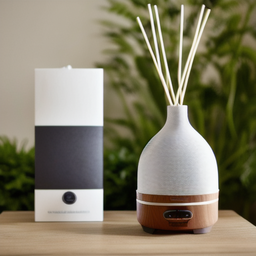 페브릭과 우드 소재의 디퓨저가 책상위에 올려져 있는 사진