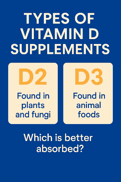 비타민D의 두 종류인 D2와 D3의 구조적 차이, 식물성과 동물성 유래, 흡수율, 추천 대상 등을 직관적으로 비교한 그래픽입니다. 어떤 제형을 복용해야 하는지 결정에 도움을 줄 수 있도록 설계되어 있습니다.