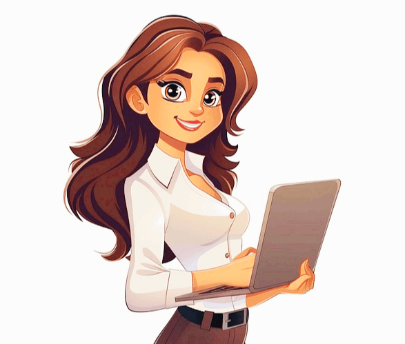 풍성한 갈색의 긴 머리를 가진 젊은 여자가 검정 노트북을 손에 들고 웃는다. 하얀색 블라우스를 입었다.