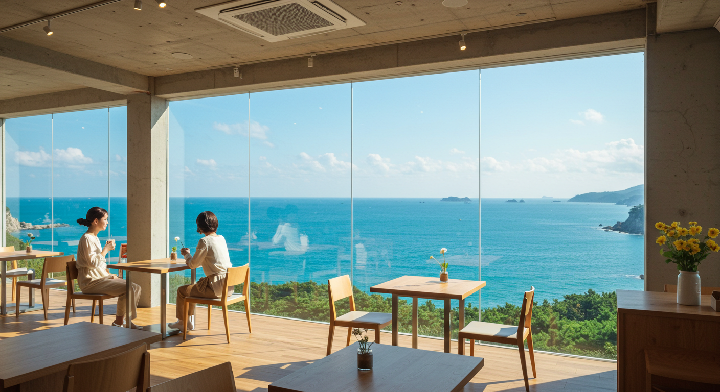 강원도 동해안의 통유리 오션뷰 카페 내부에서 바다를 바라보는 모습