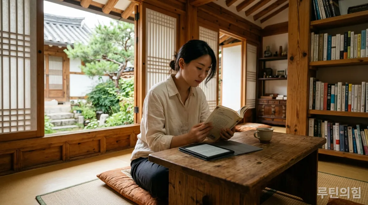 한국 전통 가옥에서 종이책과 전자책을 읽으며 깊이 몰입하는 모습