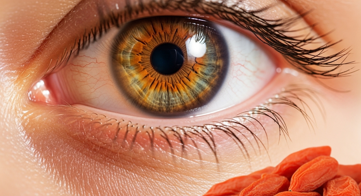 건강하고 맑게 빛나는 눈과 그 앞에 살짝 흐릿하게 놓인 구기자 열매. 구기자가 눈 건강에 좋다는 점을 시각적으로 나타냅니다.