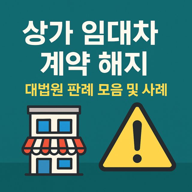상가 임대차 계약 해지와 대법원 판례 모음 및 사례를 설명하는 대표 이미지로, 상가 아이콘과 경고 표시가 함께 배치된 디자인