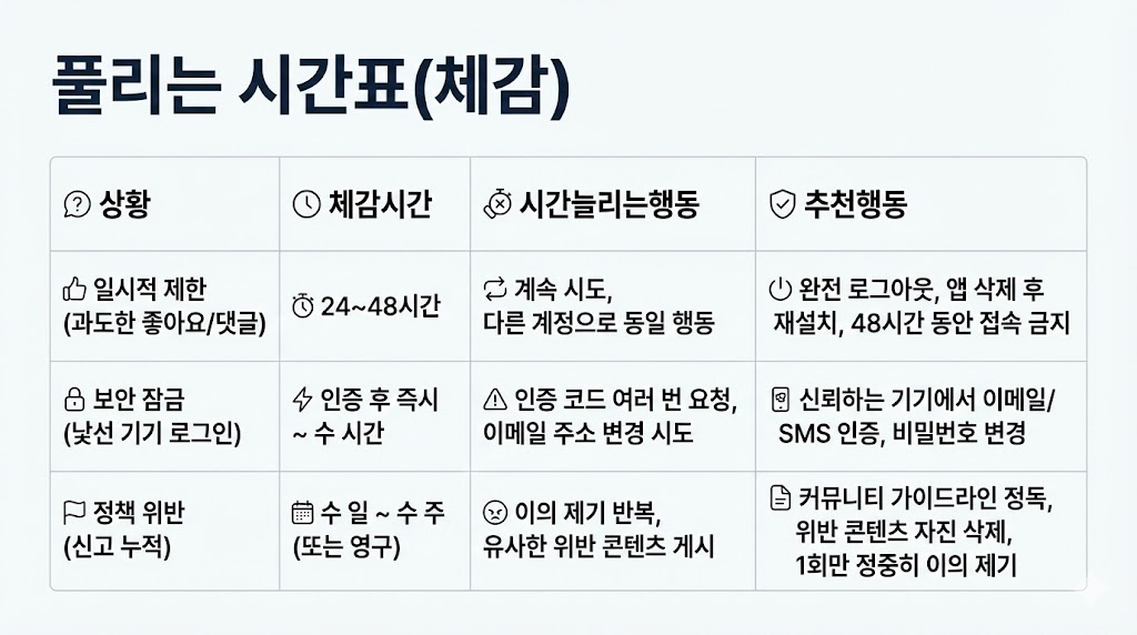 인스타 계정 잠김(비밀번호 오류/시도 과다) 2026: 풀리는 시간&middot;해결 루틴