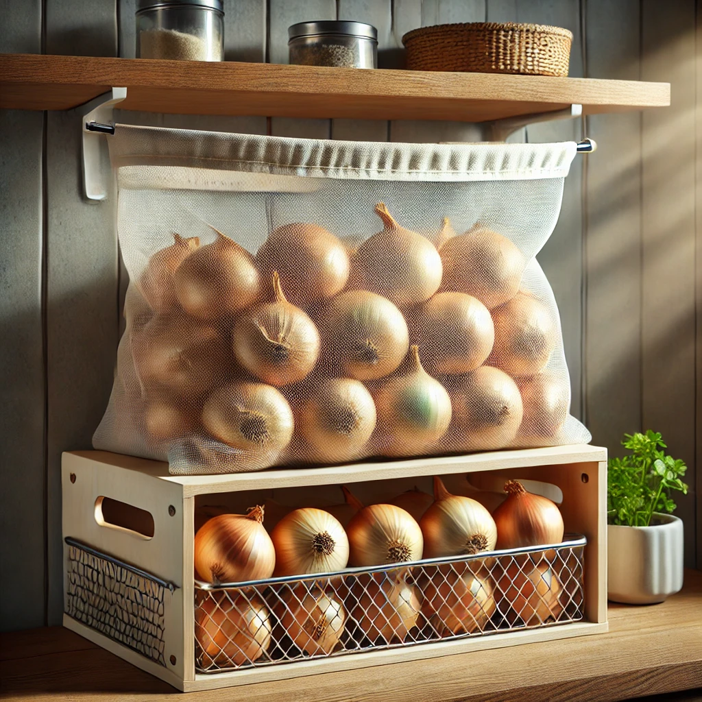 통풍이 잘 되는 망사 주머니나 바구니에 담긴 양파